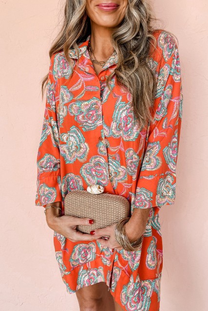 Red Floral Print Lapel Collar Loose Shirt Mini Dress LC6121374-P320