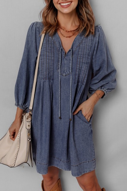 Sail Blue 3/4 Sleeve Tied V Neck Pleated Denim Mini Dress LC7861041-P905