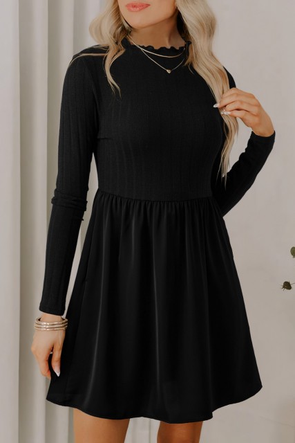 Black Frilled Neck Ribbed Knit Patchwork Long Sleeve Mini Dress LC6126263-P2