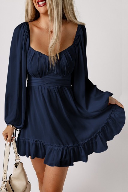 Blue White Plain Ruffled High Waist Square Neck Mini Dress LC6113268-5