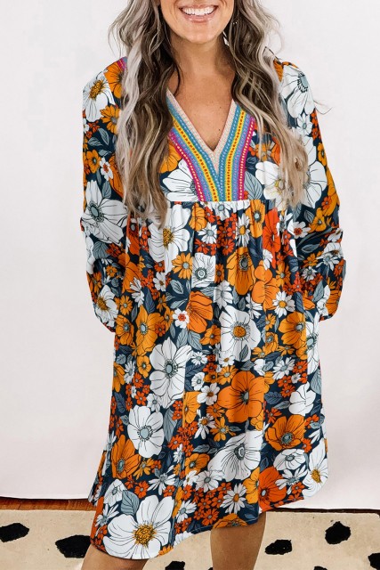 Orange Floral Print Striped Lace V Neck Long Sleeve Mini Dress LC6125978-P1420