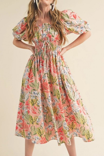 Apricot Pink Floral Smocked Bust Bubble Short Sleeve Maxi Dress LC6122853-P2010
