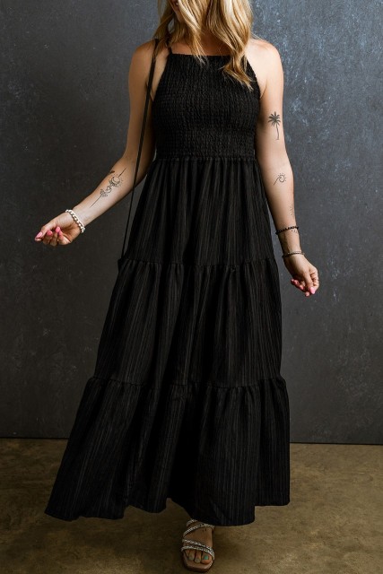 Black Spaghetti Straps Smocked Pleated Tiered Maxi Dress LC6119786-P2