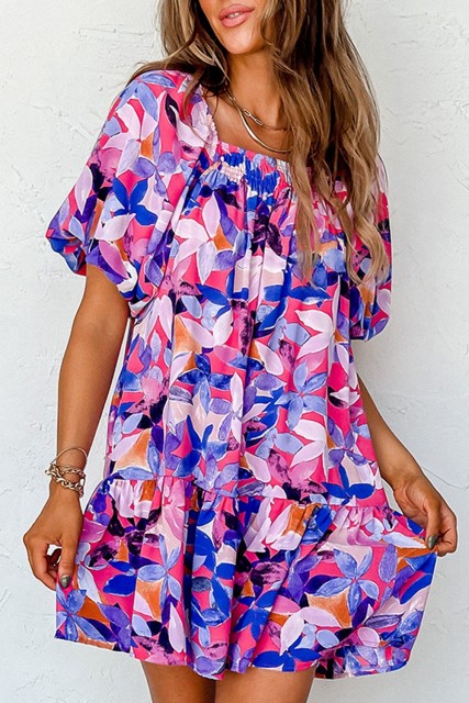 Purple Flower Print Short Puff Sleeve Ruffled Dress LC6119719-P822