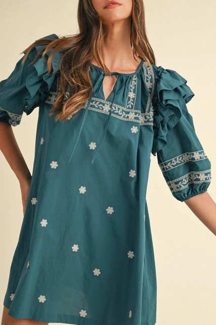 Skobeloff Boho Floral Ruffle Puff Sleeve Lace-up V Neck Mini Dress LC6122694-P1809