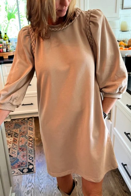 Light French Beige Braided Trim Puff Sleeve Dress LC6126087-P4016