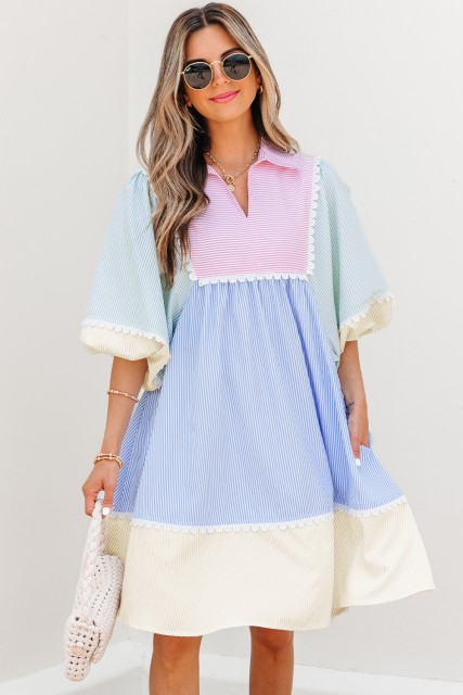 Multicolour Striped Patchwork Ric Rac Puff Sleeve Collared Mini Dress LC6124789-P22
